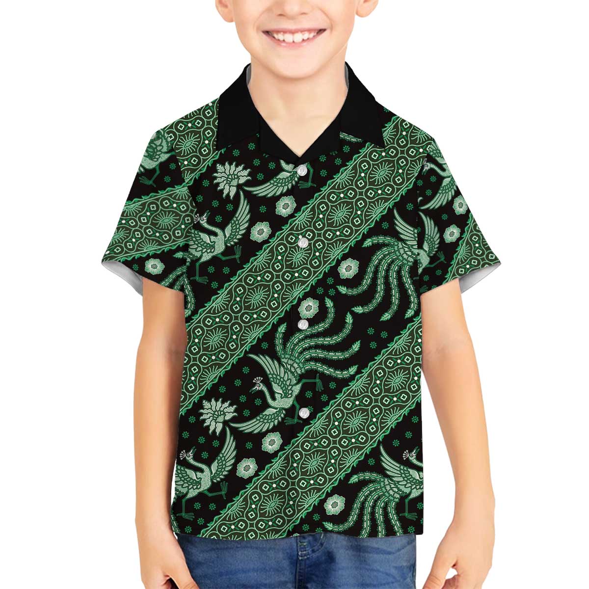 Indonesia Batik Pattern Family Matching Off The Shoulder Long Sleeve Dress and Hawaiian Shirt Green Version LT01 Son's Shirt Green - Polynesian Pride