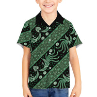 Indonesia Batik Pattern Family Matching Off The Shoulder Long Sleeve Dress and Hawaiian Shirt Green Version LT01 Son's Shirt Green - Polynesian Pride