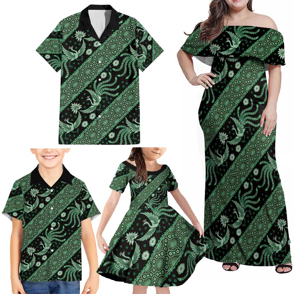 Indonesia Batik Pattern Family Matching Off Shoulder Maxi Dress and Hawaiian Shirt Green Version