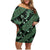 Indonesia Batik Pattern Family Matching Off Shoulder Short Dress and Hawaiian Shirt Green Version