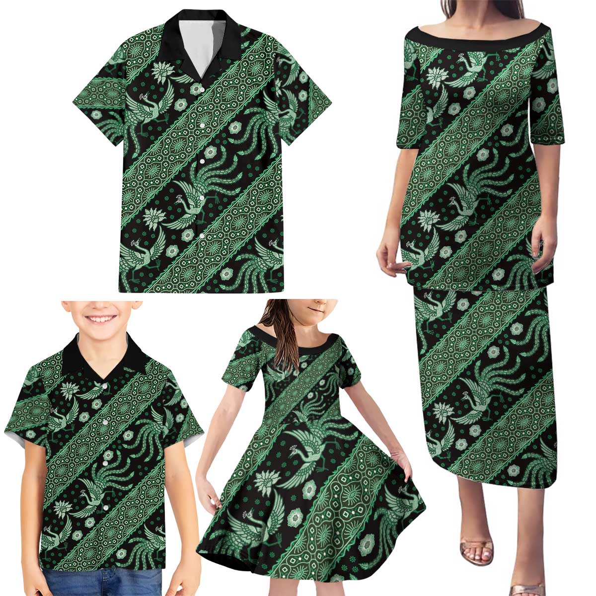 Indonesia Batik Pattern Family Matching Puletasi and Hawaiian Shirt Green Version