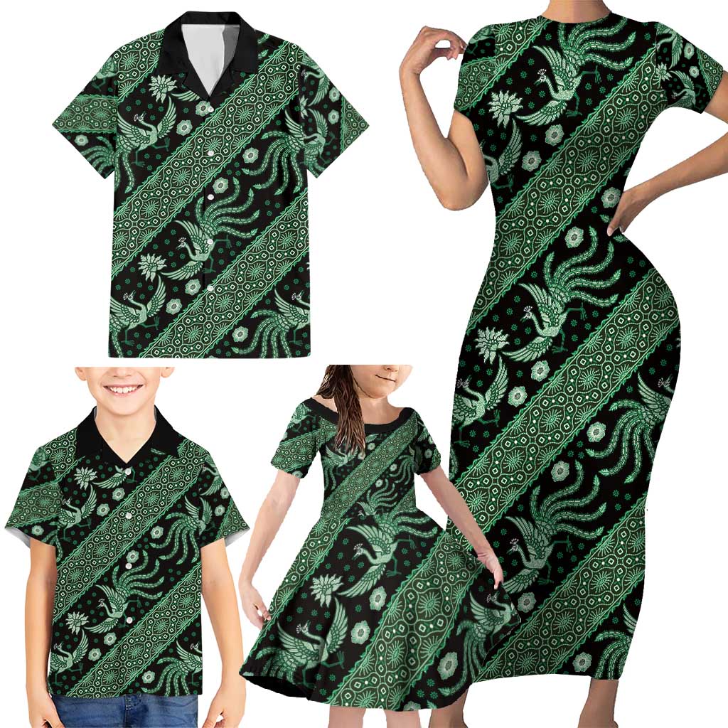 Indonesia Batik Pattern Family Matching Short Sleeve Bodycon Dress and Hawaiian Shirt Green Version