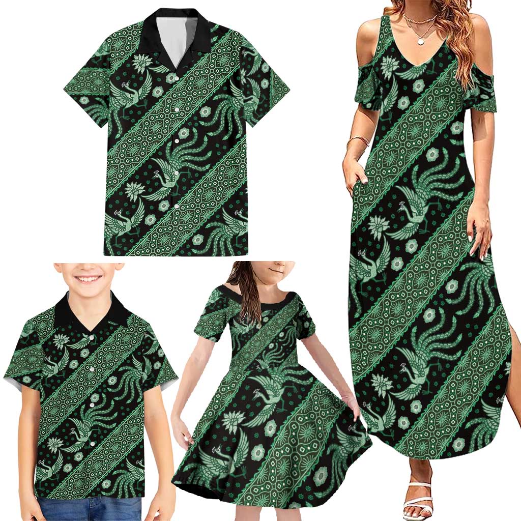 Indonesia Batik Pattern Family Matching Summer Maxi Dress and Hawaiian Shirt Green Version