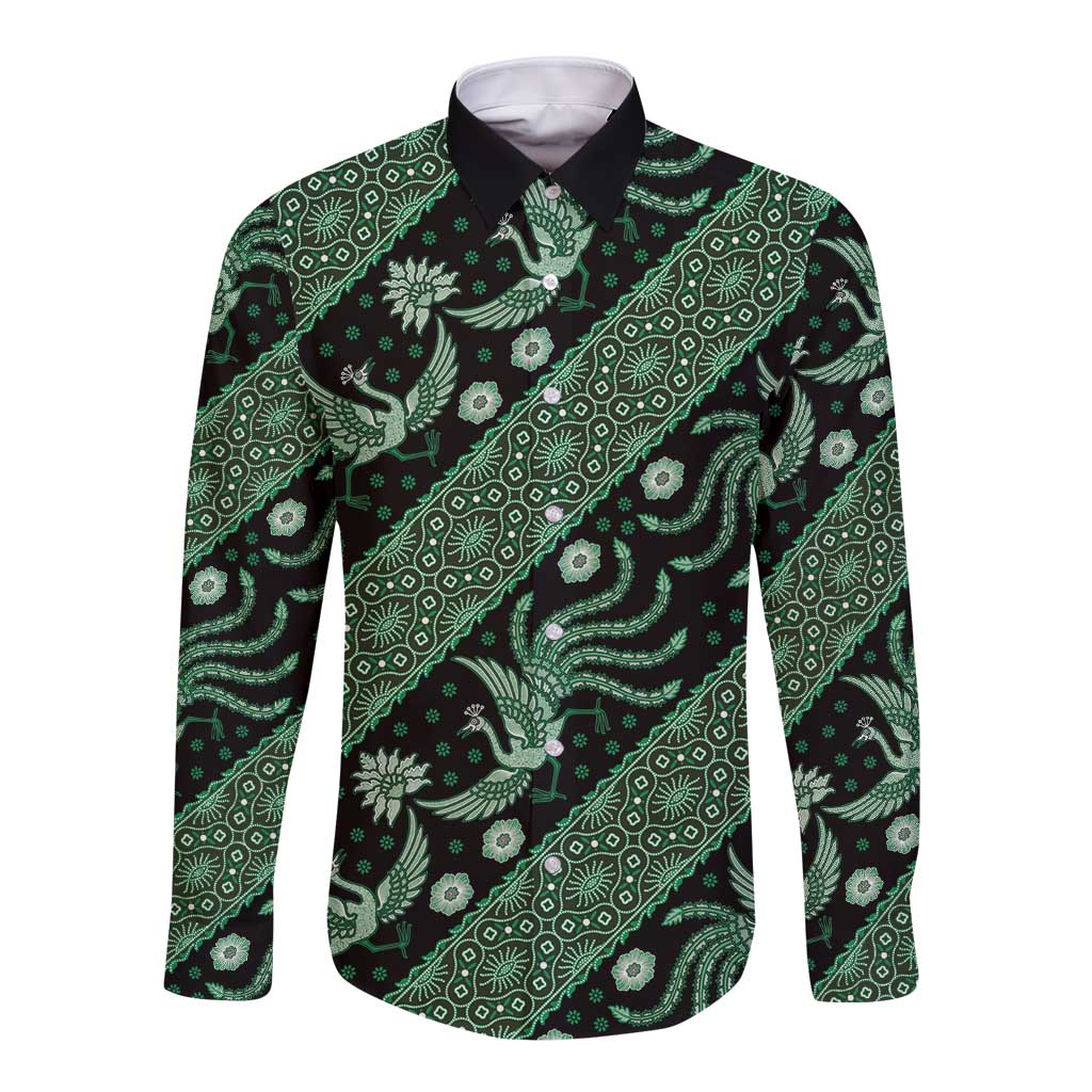 Indonesia Batik Pattern Long Sleeve Button Shirt Green Version