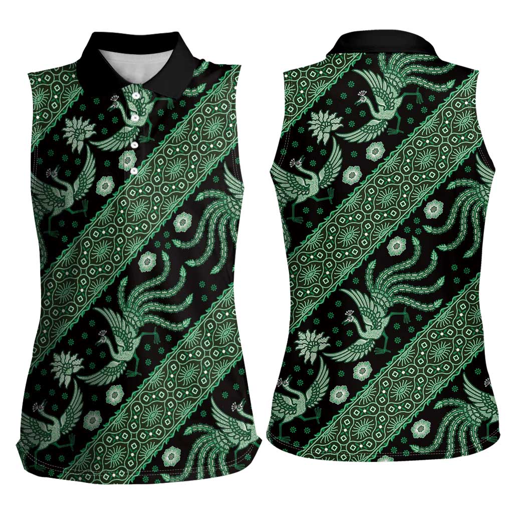 Indonesia Batik Pattern Women Sleeveless Polo Shirt Green Version
