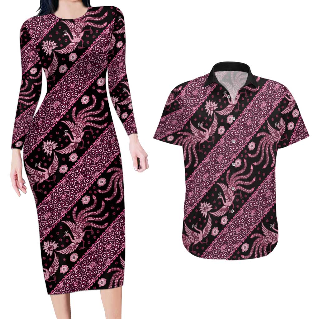 Indonesia Batik Pattern Couples Matching Long Sleeve Bodycon Dress and Hawaiian Shirt Pink Version