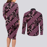 Indonesia Batik Pattern Couples Matching Long Sleeve Bodycon Dress and Long Sleeve Button Shirt Pink Version