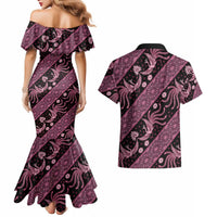 Indonesia Batik Pattern Couples Matching Mermaid Dress and Hawaiian Shirt Pink Version