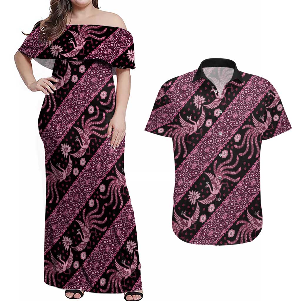 Indonesia Batik Pattern Couples Matching Off Shoulder Maxi Dress and Hawaiian Shirt Pink Version