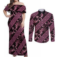 Indonesia Batik Pattern Couples Matching Off Shoulder Maxi Dress and Long Sleeve Button Shirt Pink Version