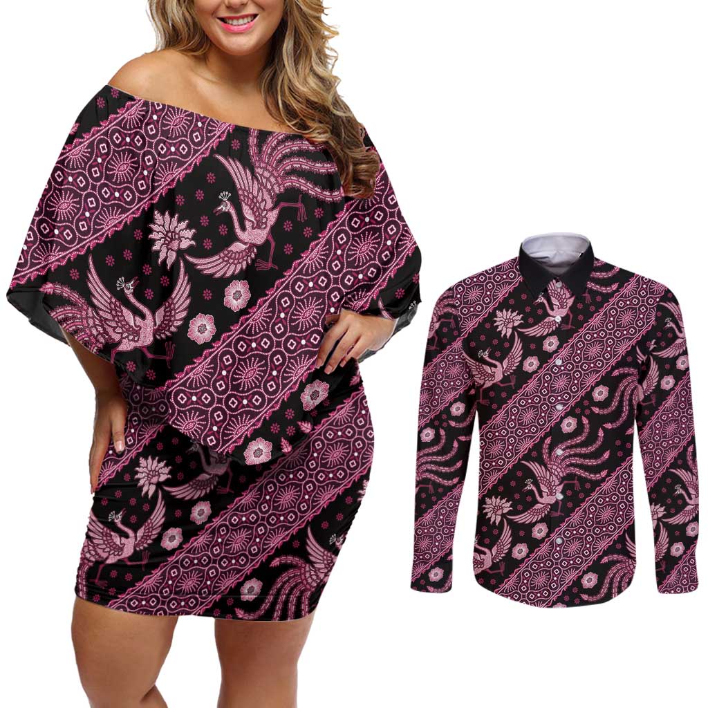 Indonesia Batik Pattern Couples Matching Off Shoulder Short Dress and Long Sleeve Button Shirt Pink Version