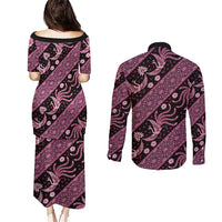 Indonesia Batik Pattern Couples Matching Puletasi and Long Sleeve Button Shirt Pink Version