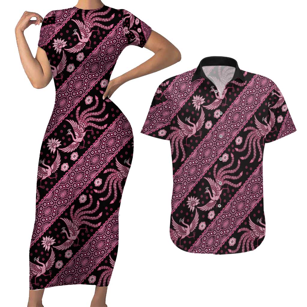 Indonesia Batik Pattern Couples Matching Short Sleeve Bodycon Dress and Hawaiian Shirt Pink Version