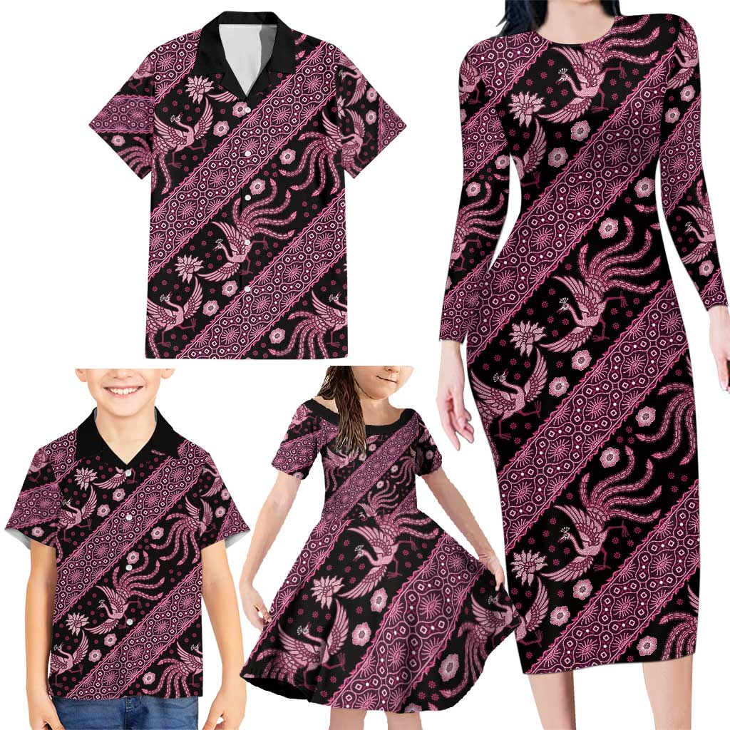 Indonesia Batik Pattern Family Matching Long Sleeve Bodycon Dress and Hawaiian Shirt Pink Version