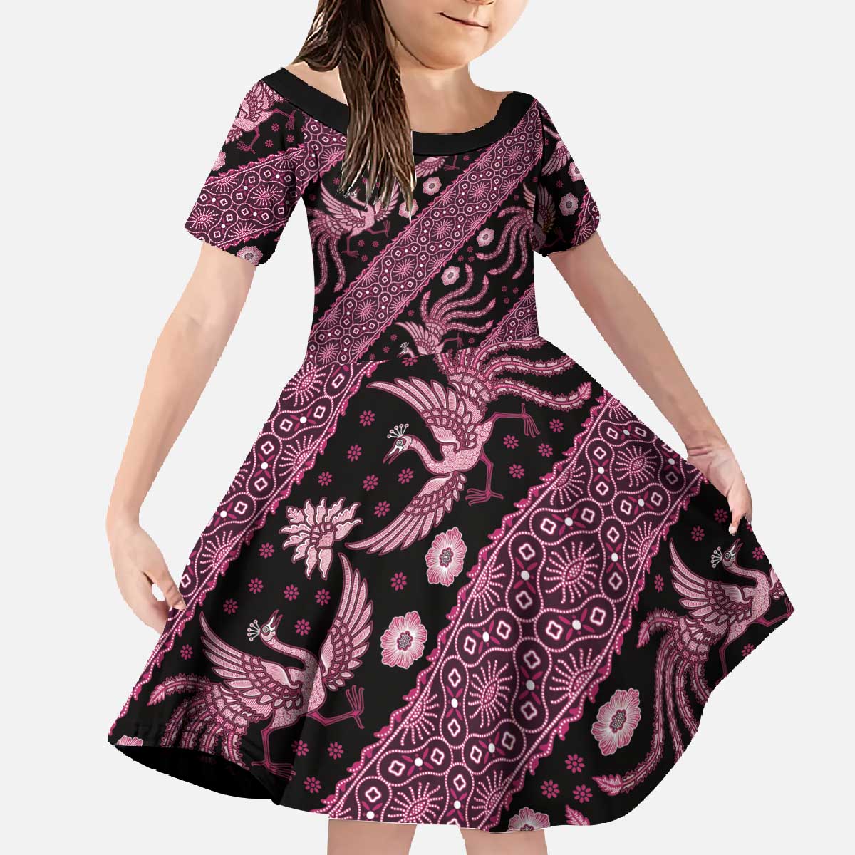 Indonesia Batik Pattern Family Matching Off The Shoulder Long Sleeve Dress and Hawaiian Shirt Pink Version LT01 Daughter's Dress Pink - Polynesian Pride