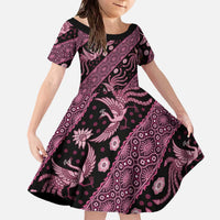 Indonesia Batik Pattern Family Matching Off The Shoulder Long Sleeve Dress and Hawaiian Shirt Pink Version LT01 Daughter's Dress Pink - Polynesian Pride