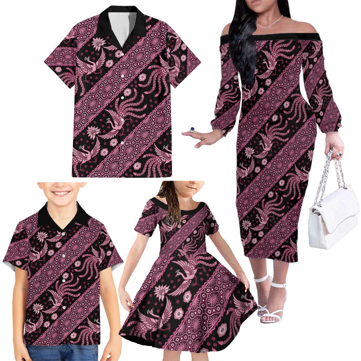 Indonesia Batik Pattern Family Matching Off The Shoulder Long Sleeve Dress and Hawaiian Shirt Pink Version LT01 - Polynesian Pride