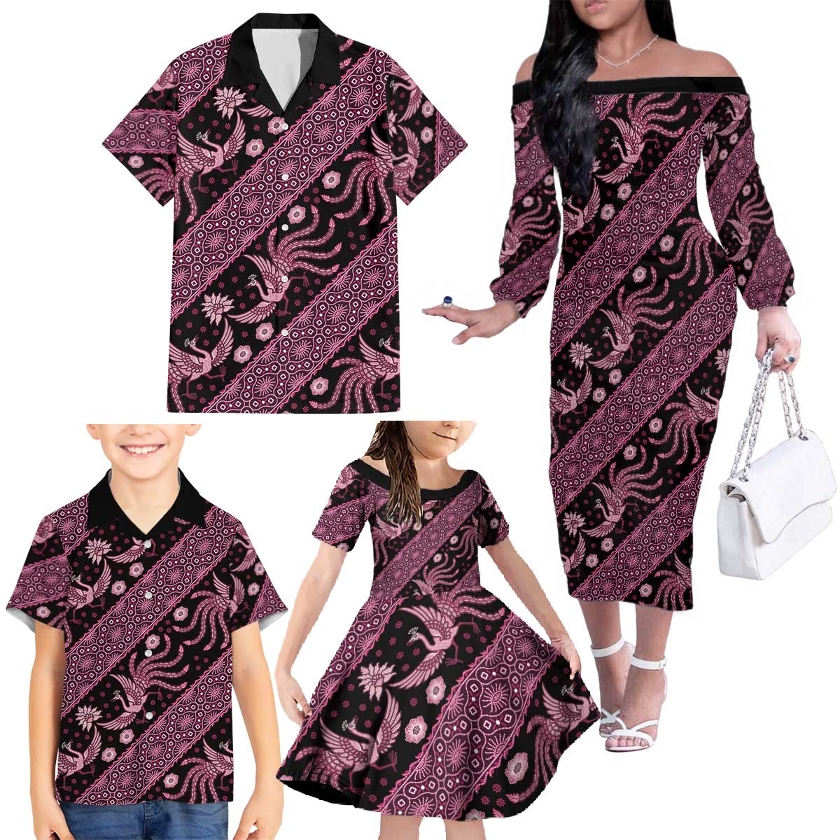 Indonesia Batik Pattern Family Matching Off The Shoulder Long Sleeve Dress and Hawaiian Shirt Pink Version