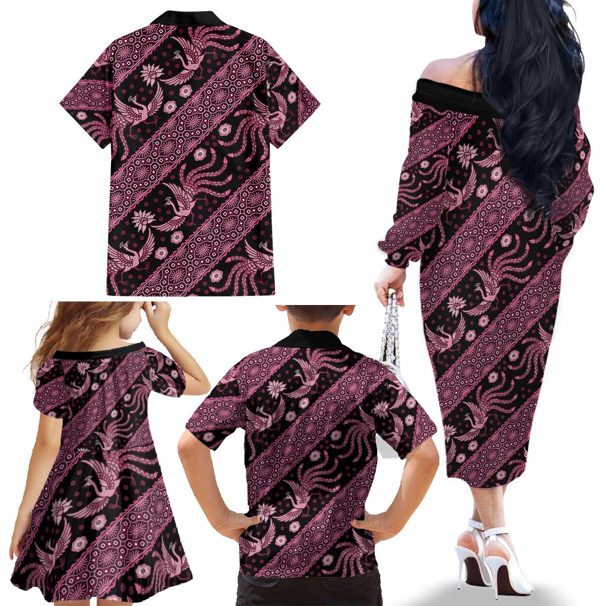 Indonesia Batik Pattern Family Matching Off The Shoulder Long Sleeve Dress and Hawaiian Shirt Pink Version LT01 - Polynesian Pride