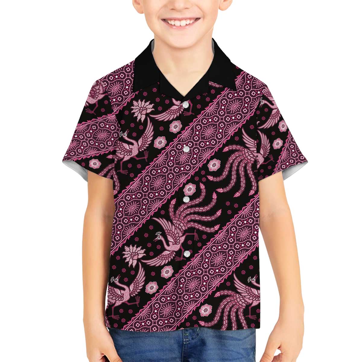 Indonesia Batik Pattern Family Matching Off The Shoulder Long Sleeve Dress and Hawaiian Shirt Pink Version LT01 Son's Shirt Pink - Polynesian Pride
