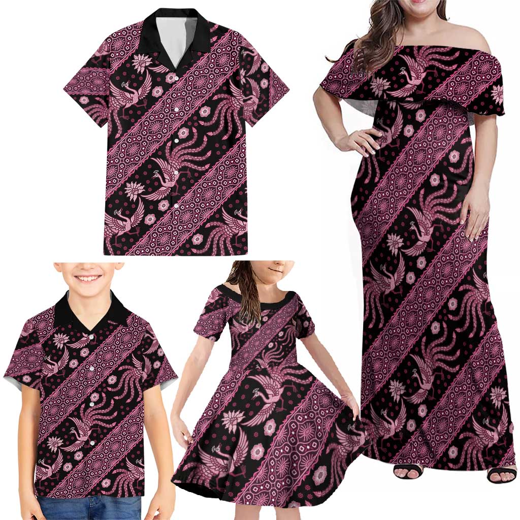 Indonesia Batik Pattern Family Matching Off Shoulder Maxi Dress and Hawaiian Shirt Pink Version