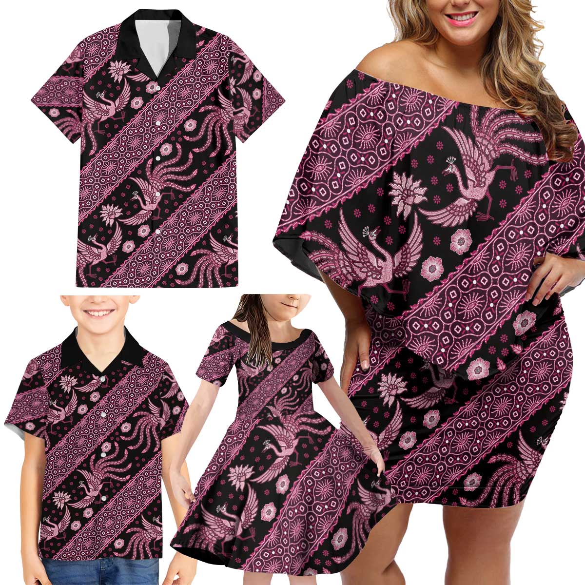 Indonesia Batik Pattern Family Matching Off Shoulder Short Dress and Hawaiian Shirt Pink Version