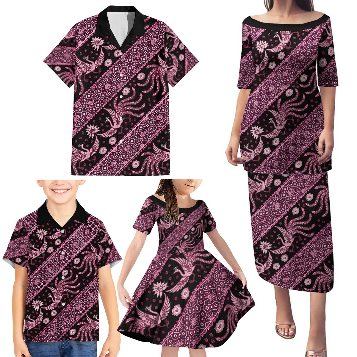 Indonesia Batik Pattern Family Matching Puletasi and Hawaiian Shirt Pink Version