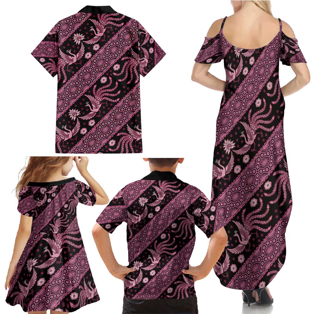 Indonesia Batik Pattern Family Matching Summer Maxi Dress and Hawaiian Shirt Pink Version