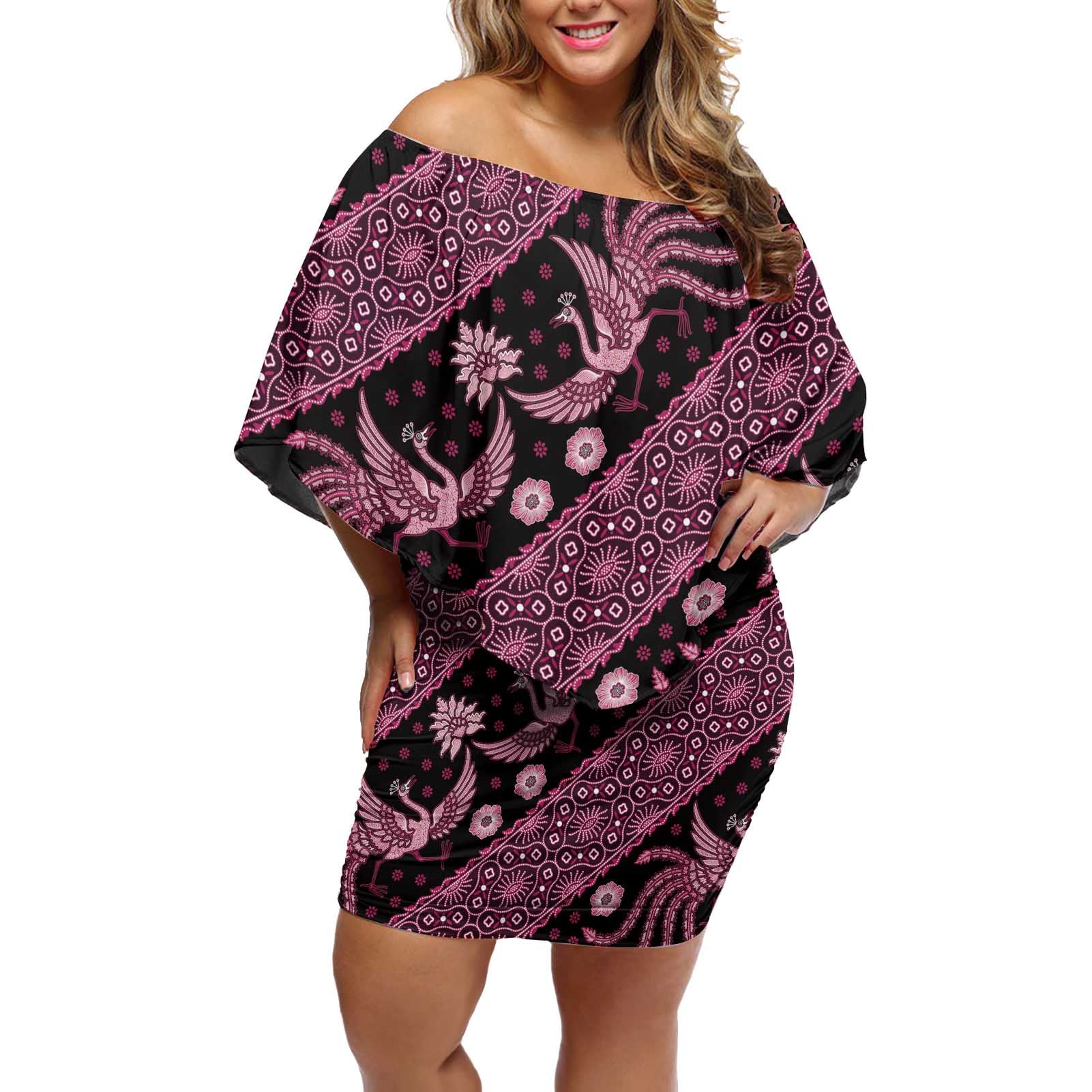 Indonesia Batik Pattern Off Shoulder Short Dress Pink Version