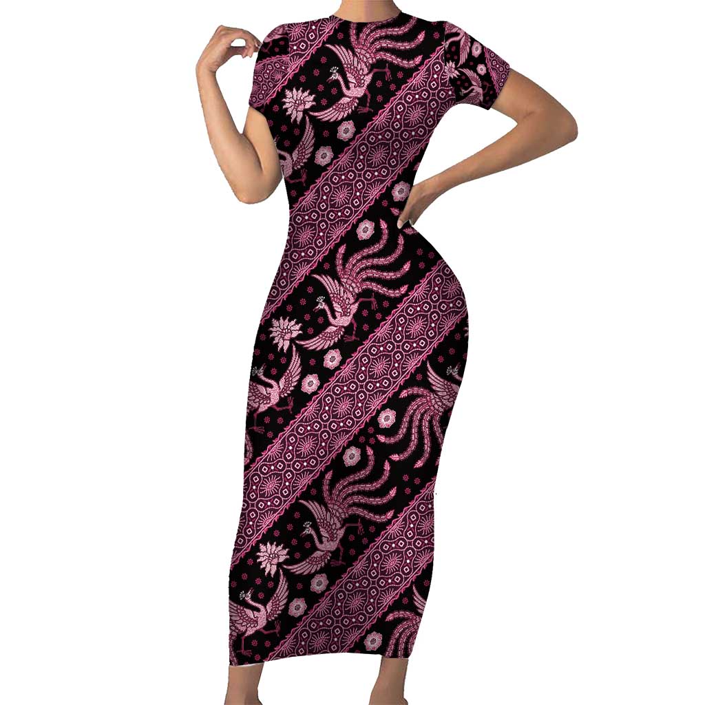 Indonesia Batik Pattern Short Sleeve Bodycon Dress Pink Version