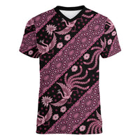 Indonesia Batik Pattern Women V-Neck T-Shirt Pink Version