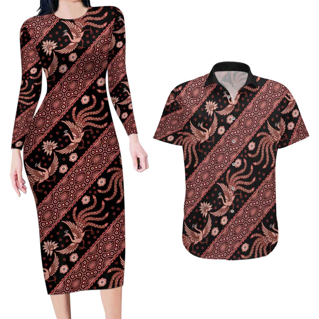 Indonesia Batik Pattern Couples Matching Long Sleeve Bodycon Dress and Hawaiian Shirt Red Version