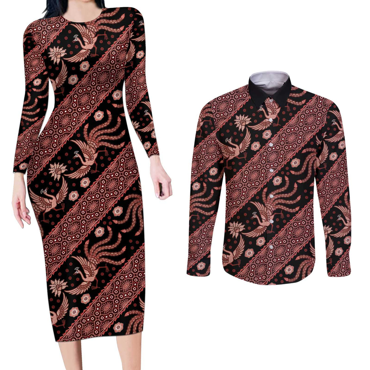Indonesia Batik Pattern Couples Matching Long Sleeve Bodycon Dress and Long Sleeve Button Shirt Red Version