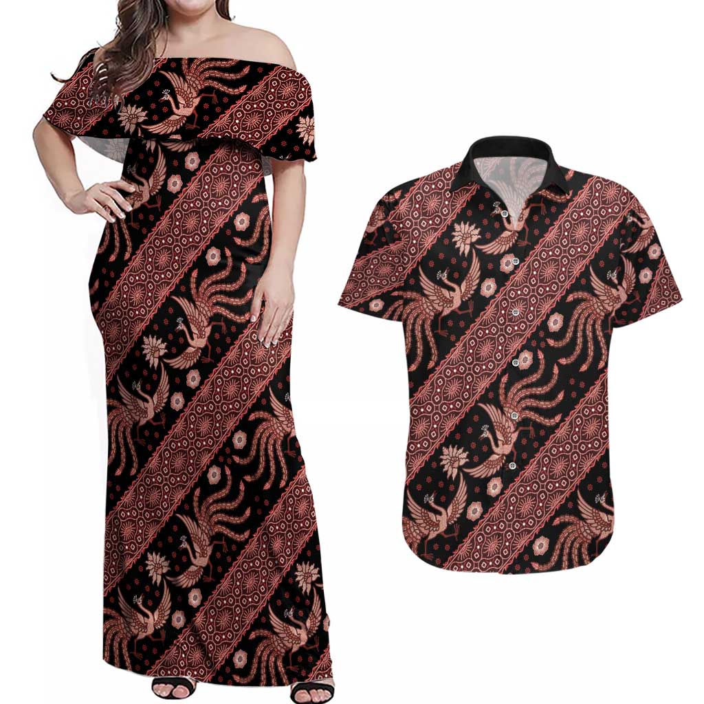 Indonesia Batik Pattern Couples Matching Off Shoulder Maxi Dress and Hawaiian Shirt Red Version