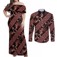 Indonesia Batik Pattern Couples Matching Off Shoulder Maxi Dress and Long Sleeve Button Shirt Red Version