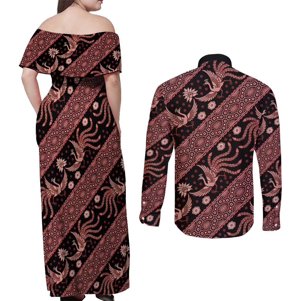 Indonesia Batik Pattern Couples Matching Off Shoulder Maxi Dress and Long Sleeve Button Shirt Red Version