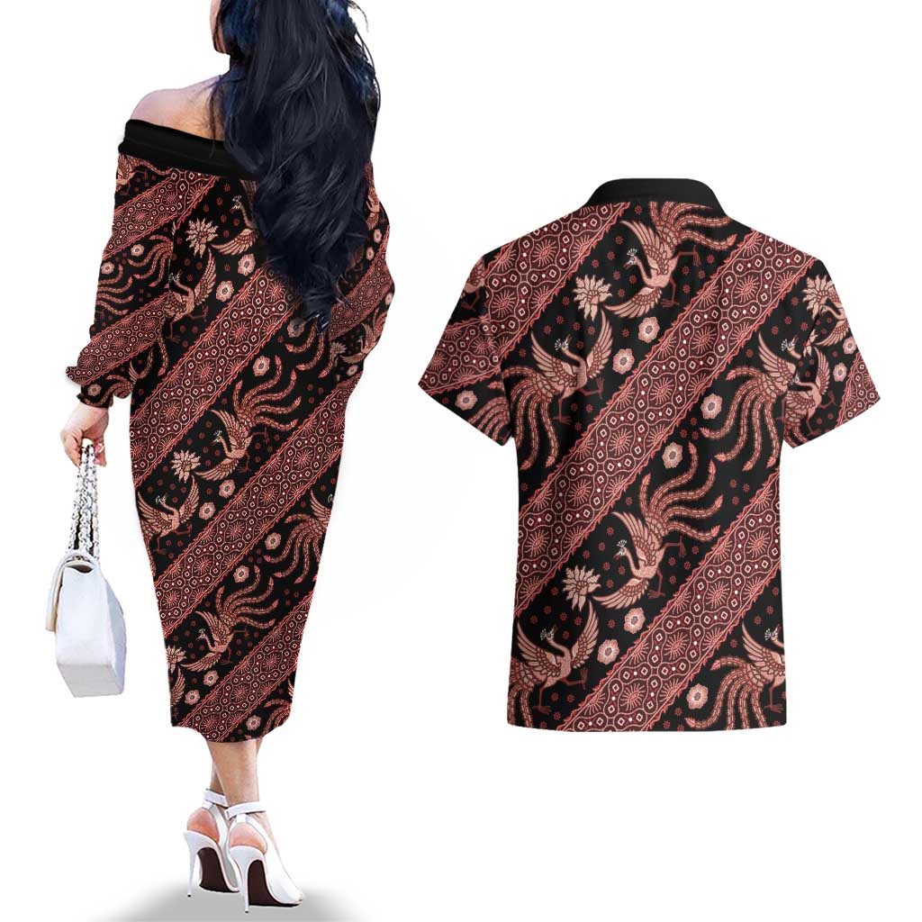 Indonesia Batik Pattern Couples Matching Off The Shoulder Long Sleeve Dress and Hawaiian Shirt Red Version