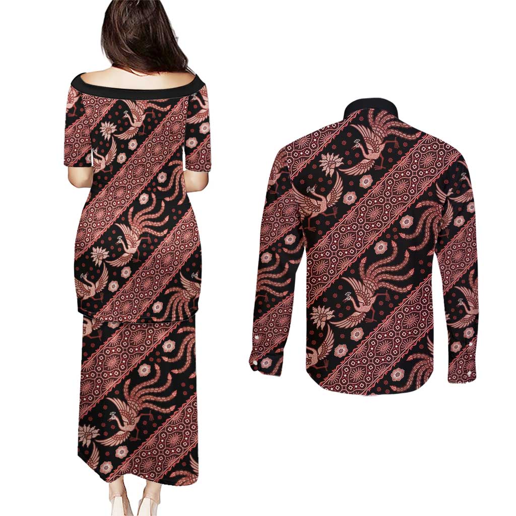 Indonesia Batik Pattern Couples Matching Puletasi and Long Sleeve Button Shirt Red Version