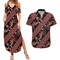 Indonesia Batik Pattern Couples Matching Summer Maxi Dress and Hawaiian Shirt Red Version