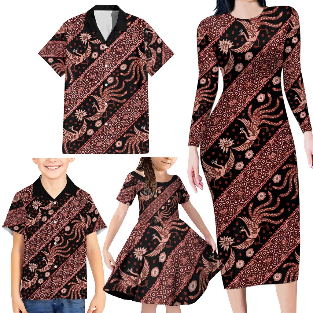 Indonesia Batik Pattern Family Matching Long Sleeve Bodycon Dress and Hawaiian Shirt Red Version