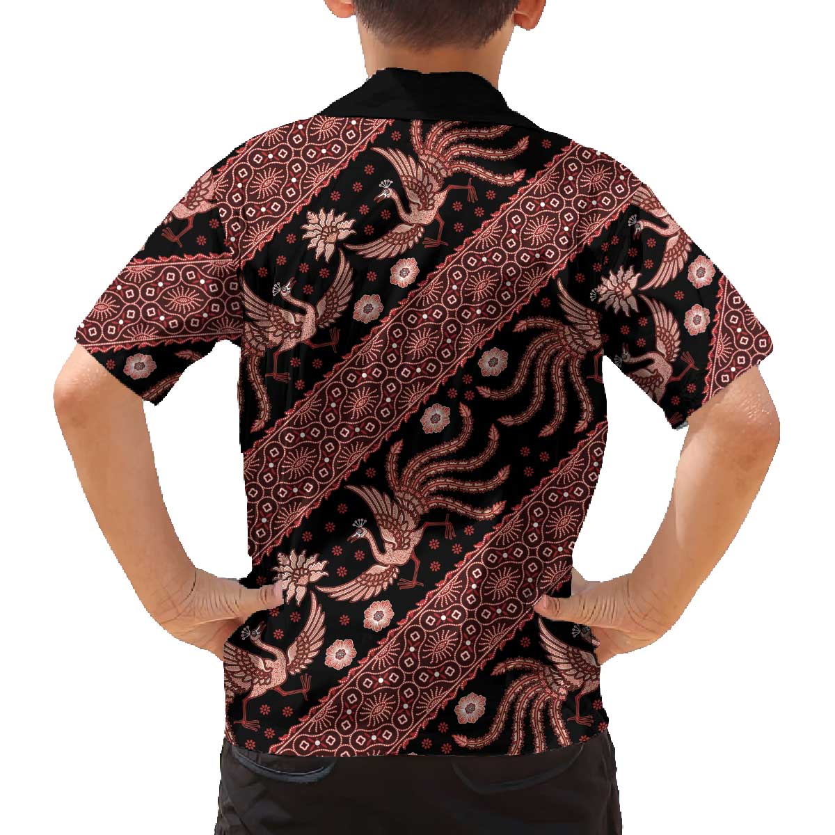 Indonesia Batik Pattern Family Matching Off The Shoulder Long Sleeve Dress and Hawaiian Shirt Red Version LT01 - Polynesian Pride