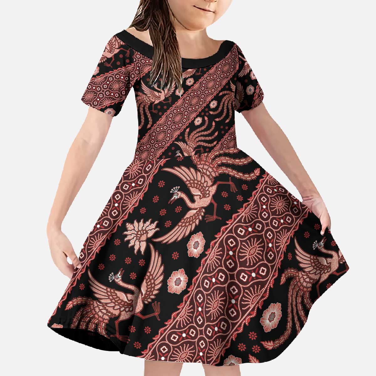 Indonesia Batik Pattern Family Matching Off The Shoulder Long Sleeve Dress and Hawaiian Shirt Red Version LT01 Daughter's Dress Red - Polynesian Pride
