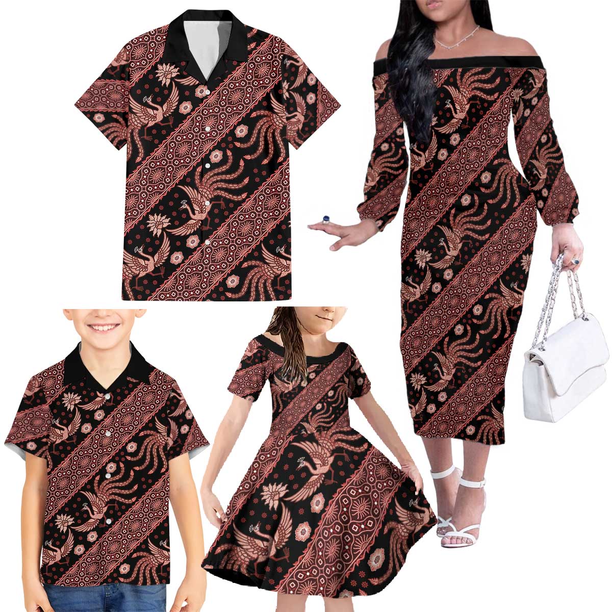 Indonesia Batik Pattern Family Matching Off The Shoulder Long Sleeve Dress and Hawaiian Shirt Red Version LT01 - Polynesian Pride