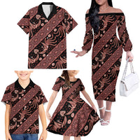 Indonesia Batik Pattern Family Matching Off The Shoulder Long Sleeve Dress and Hawaiian Shirt Red Version LT01 - Polynesian Pride