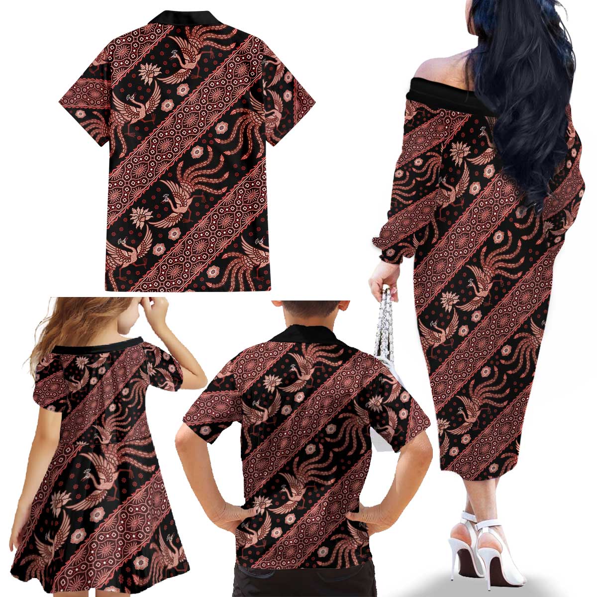 Indonesia Batik Pattern Family Matching Off The Shoulder Long Sleeve Dress and Hawaiian Shirt Red Version LT01 - Polynesian Pride