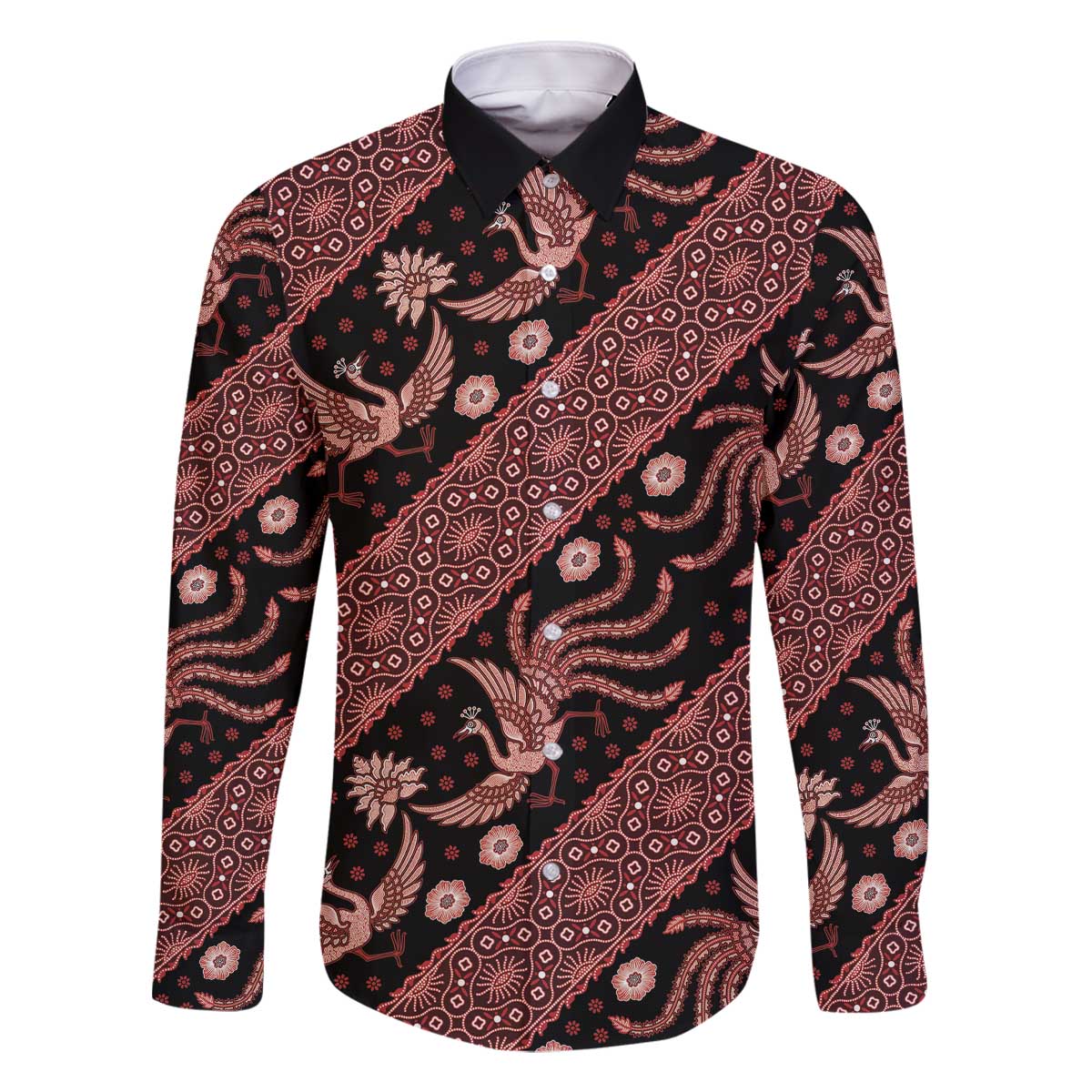 Indonesia Batik Pattern Family Matching Off The Shoulder Long Sleeve Dress and Hawaiian Shirt Red Version LT01 Dad's Shirt - Long Sleeve Red - Polynesian Pride