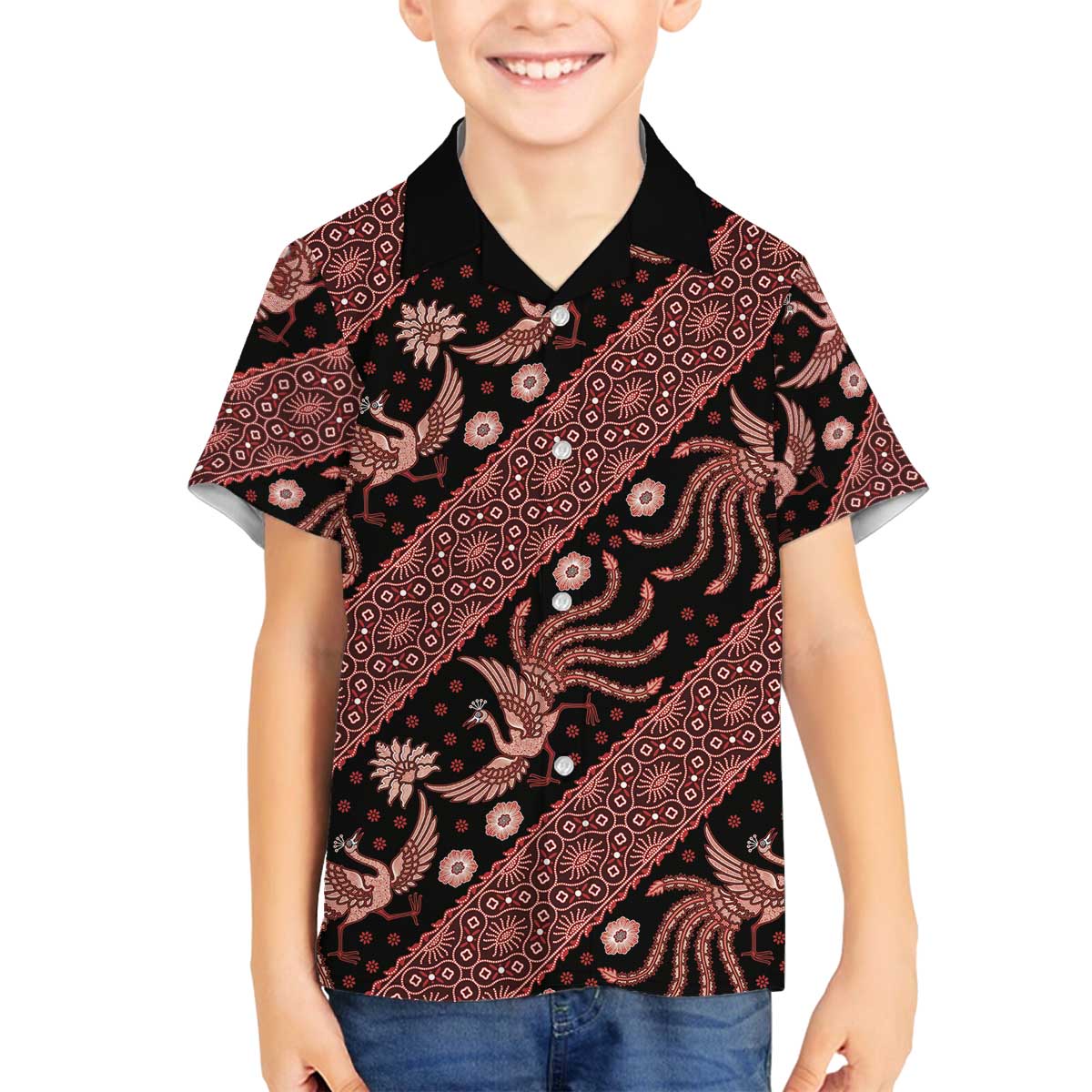 Indonesia Batik Pattern Family Matching Off The Shoulder Long Sleeve Dress and Hawaiian Shirt Red Version LT01 Son's Shirt Red - Polynesian Pride
