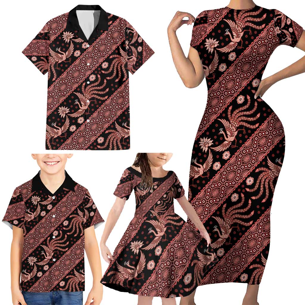 Indonesia Batik Pattern Family Matching Short Sleeve Bodycon Dress and Hawaiian Shirt Red Version