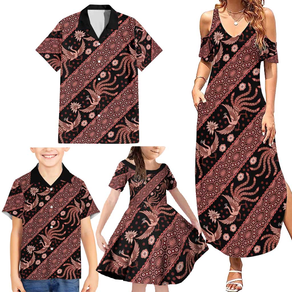 Indonesia Batik Pattern Family Matching Summer Maxi Dress and Hawaiian Shirt Red Version