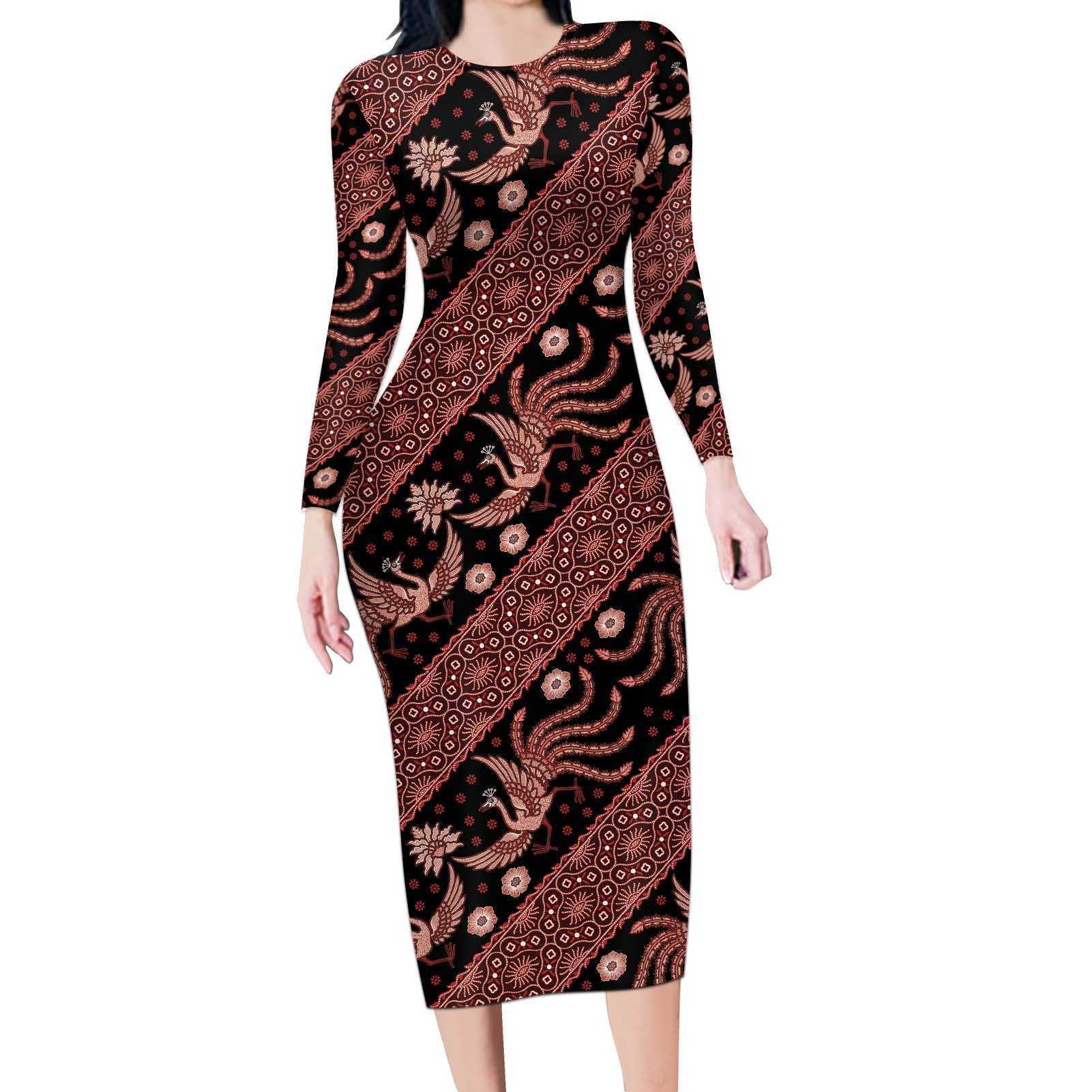 Indonesia Batik Pattern Long Sleeve Bodycon Dress Red Version